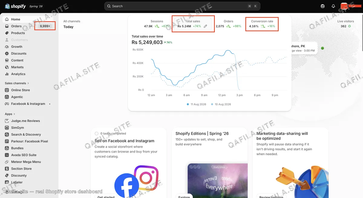 Real Shopify admin dashboard showing sessions, total sales, orders, and conversion rate for a live store